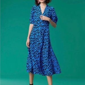 DVF: Sleeve Midi Dress in Blue Leopard Print